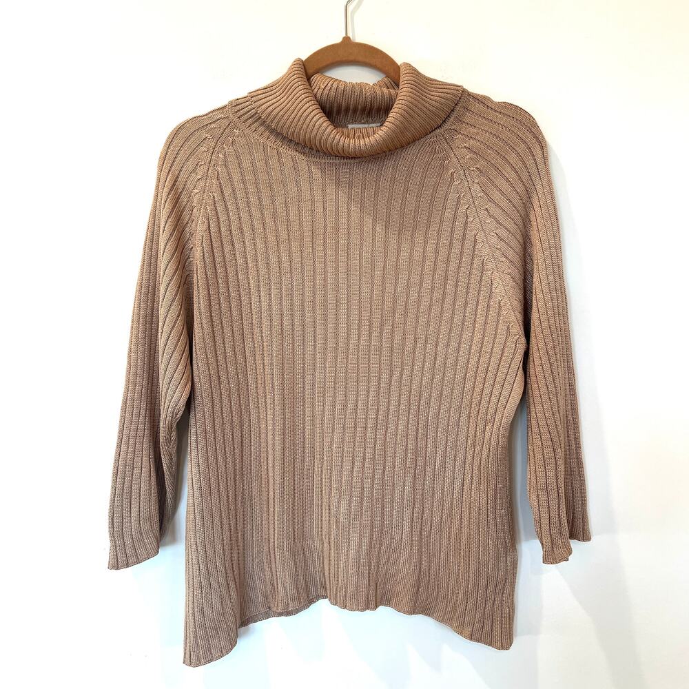 Cullen 100% silk ribbed turtleneck sweater XL beige tan 3/4 sleeve